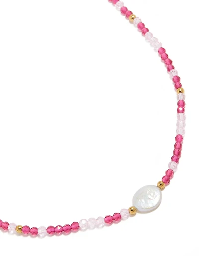 Waterproof Gold Plated Stainless Steel Pink Face Beaded & Pearl Necklace