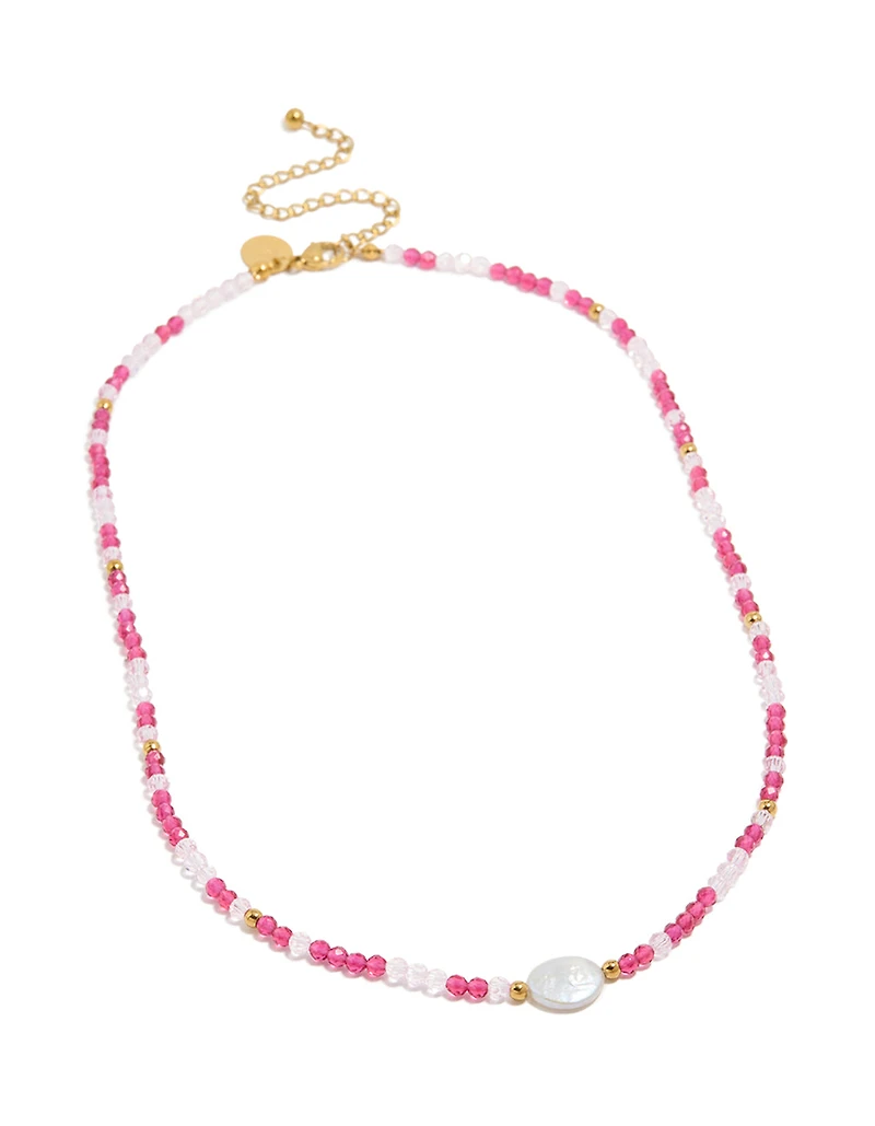 Waterproof Gold Plated Stainless Steel Pink Face Beaded & Pearl Necklace