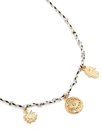 Waterproof Gold Plated Stainless Steel Hamsa  Hand & Eye Charm Black Cord Necklace