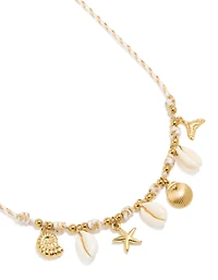 Waterproof Gold Plated Stainless Steel Shell Charm White Cord Necklace