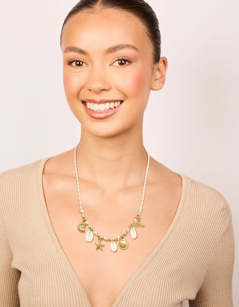 Waterproof Gold Plated Stainless Steel Shell Charm White Cord Necklace