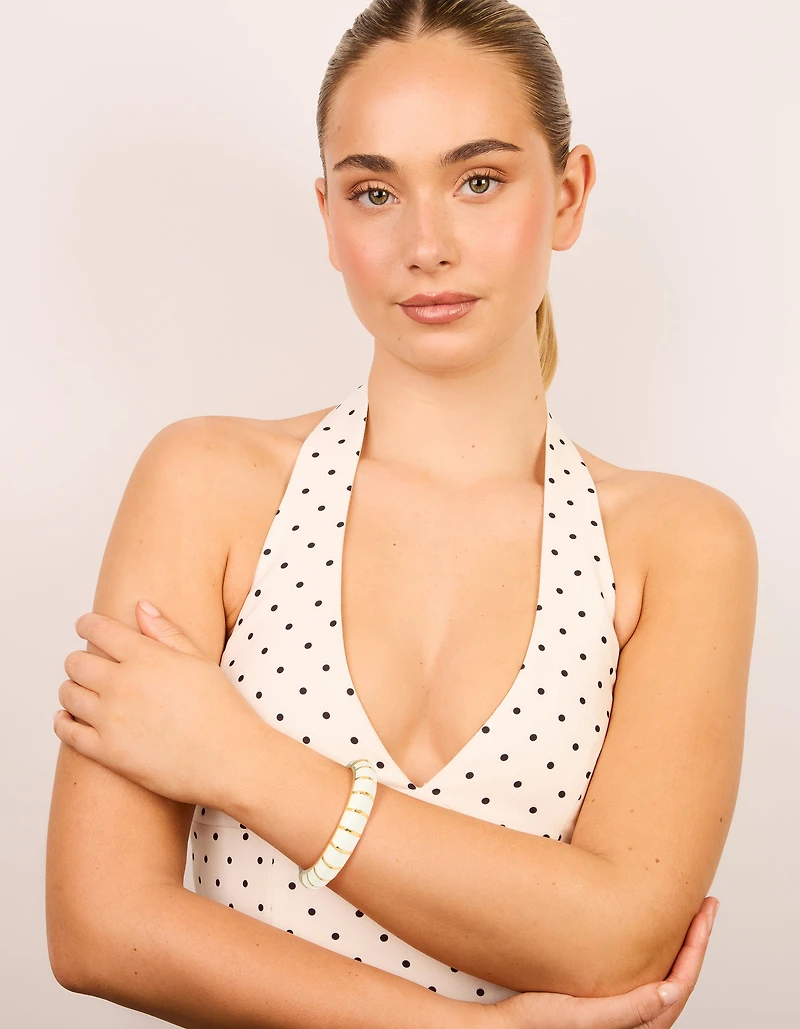 Waterproof Gold Plated Stainless Steel White Enamel Ribbed Bangle