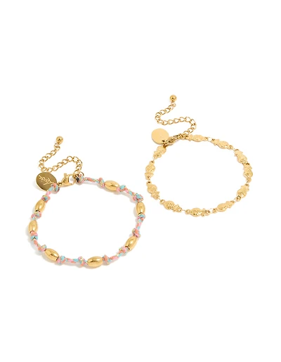 Waterproof Gold Plated Stainless Steel Pink Cord & Fish Bracelets 2-Pack