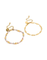 Waterproof Gold Plated Stainless Steel Pink Cord & Fish Bracelets 2-Pack