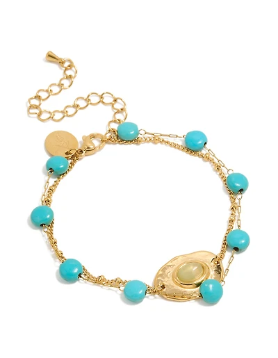 Waterproof Gold Plated Stainless Steel Disc Turquoise Semi Precious Stone & Green Stone Bracelets 2-Pack