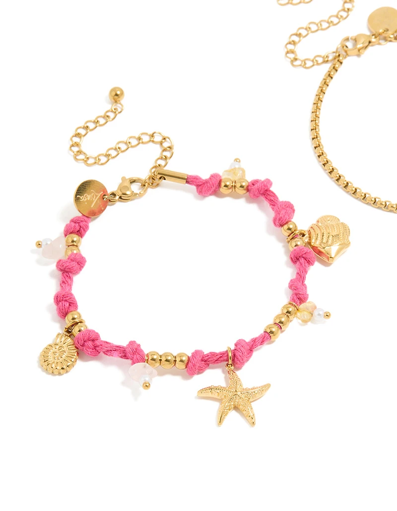 Waterproof Gold Plated Stainless Steel Pearl & Sea Charm Cord Bracelets 2-Pack