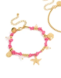 Waterproof Gold Plated Stainless Steel Pearl & Sea Charm Cord Bracelets 2-Pack