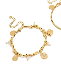 Waterproof Gold Plated Stainless Steel Freshwater Pearl & Multicoloured Cord Charm Bracelets 2-Pack