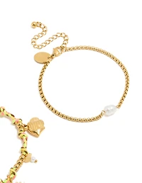 Waterproof Gold Plated Stainless Steel Freshwater Pearl & Multicoloured Cord Charm Bracelets 2-Pack