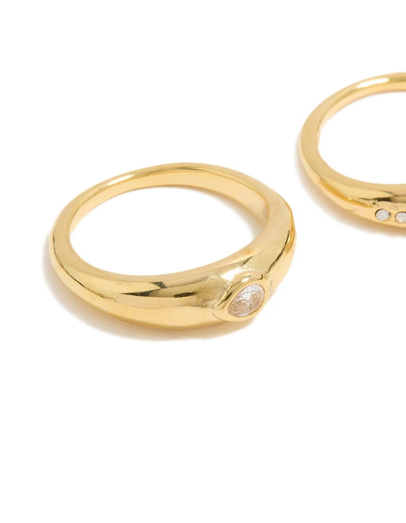 Waterproof Gold Plated Stainless Steel Bezel Cubic Zirconia Rings 2-Pack