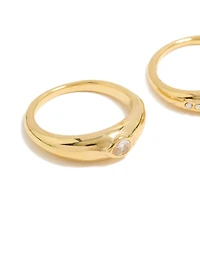 Waterproof Gold Plated Stainless Steel Bezel Cubic Zirconia Rings 2-Pack