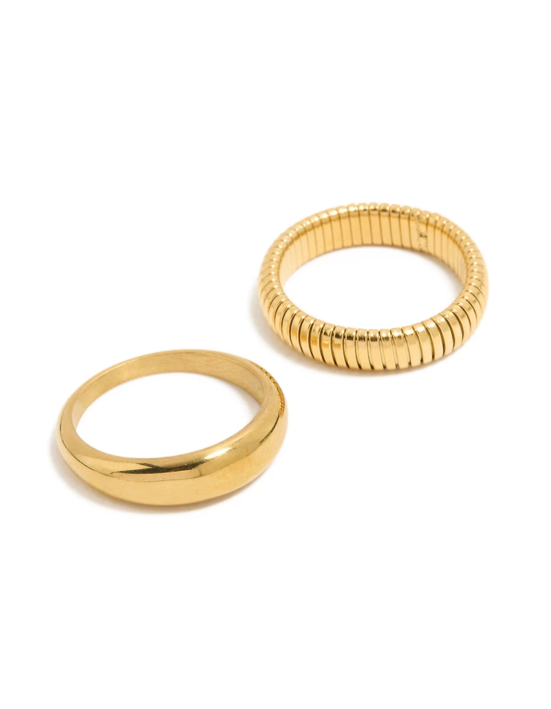 Waterproof Gold Plated Stainless Steel Plain & Ribbed Rings 2-Pack