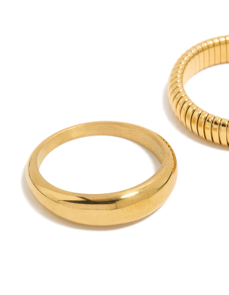 Waterproof Gold Plated Stainless Steel Plain & Ribbed Rings 2-Pack