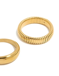 Waterproof Gold Plated Stainless Steel Plain & Ribbed Rings 2-Pack