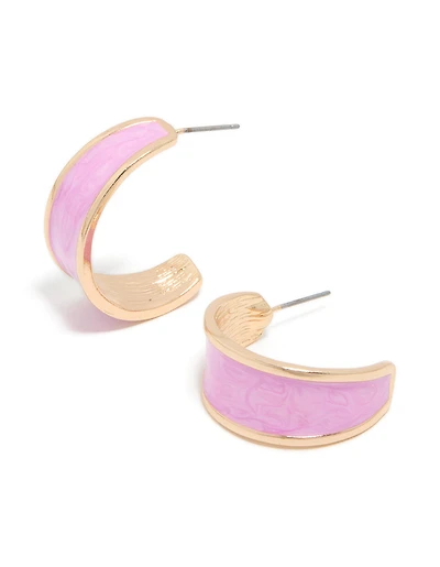 Gold Round Lilac Marble Enamel Hoop Earrings