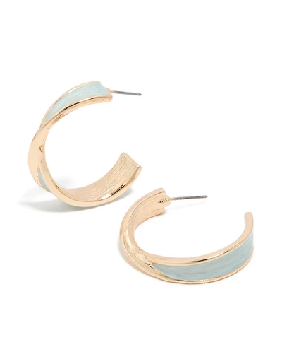 Gold Twisted Light Blue Enamel Marble Hoop Earrings