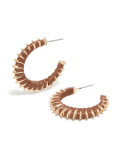Gold Textured Lined Brown Hoop Earrings