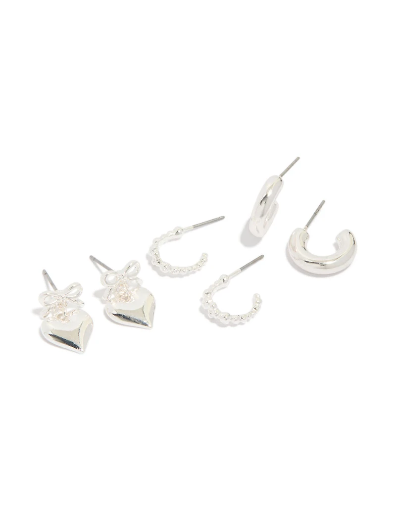 Silver Bow Heart Bubble Stud & Hoop Earrings 3-Pack