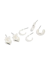 Silver Bow Heart Bubble Stud & Hoop Earrings 3-Pack
