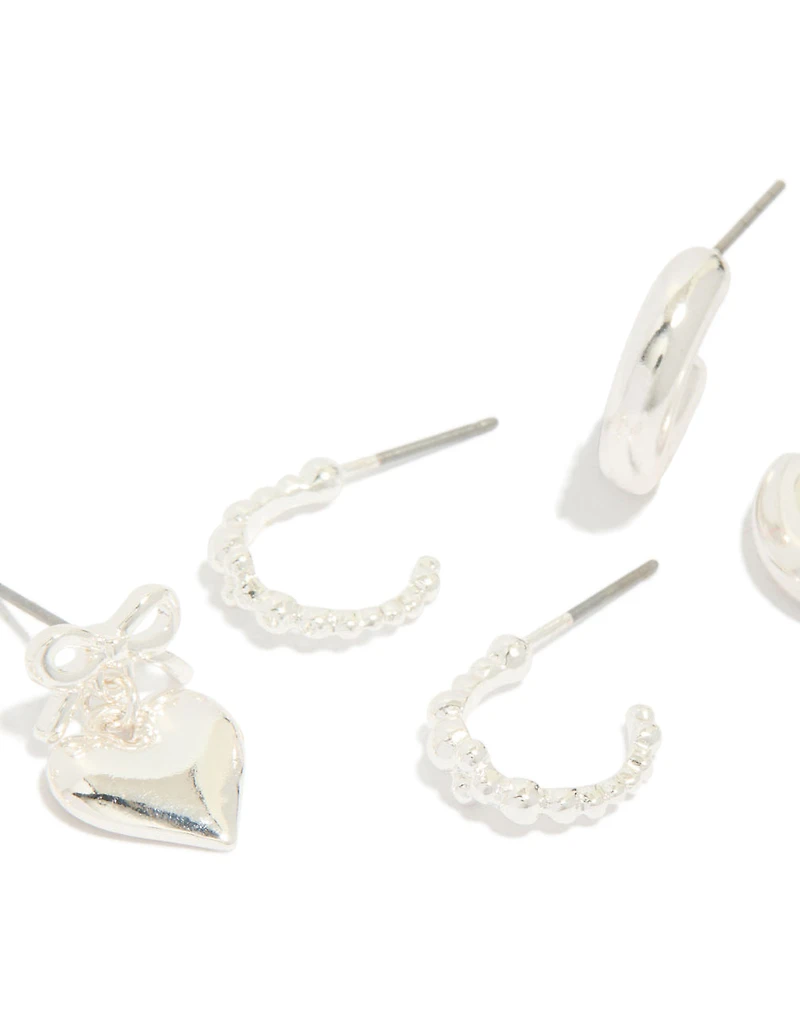 Silver Bow Heart Bubble Stud & Hoop Earrings 3-Pack