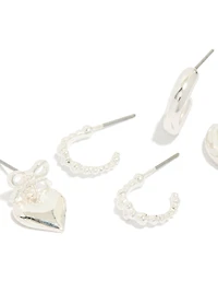 Silver Bow Heart Bubble Stud & Hoop Earrings 3-Pack