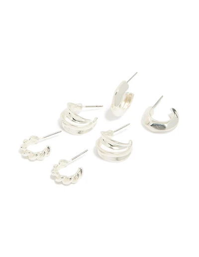 Silver Chubby & Textured Huggie Earrings 3-Pack