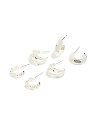 Silver Chubby & Textured Huggie Earrings 3-Pack