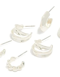 Silver Chubby & Textured Huggie Earrings 3-Pack