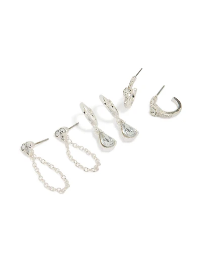 Silver Mixed Diamante & Chain Earrings 3-Pack