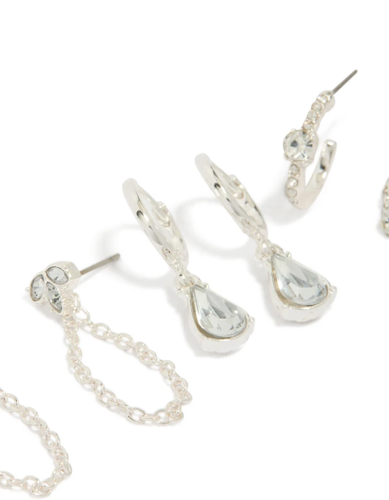 Silver Mixed Diamante & Chain Earrings 3-Pack