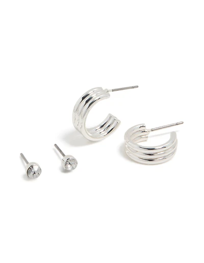Silver Lined Hoop & Diamante Stud Earrings 2-Pack