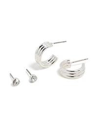 Silver Lined Hoop & Diamante Stud Earrings 2-Pack