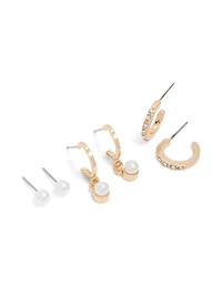 Gold Pearl & Diamante Huggie Earrings 3-Pack