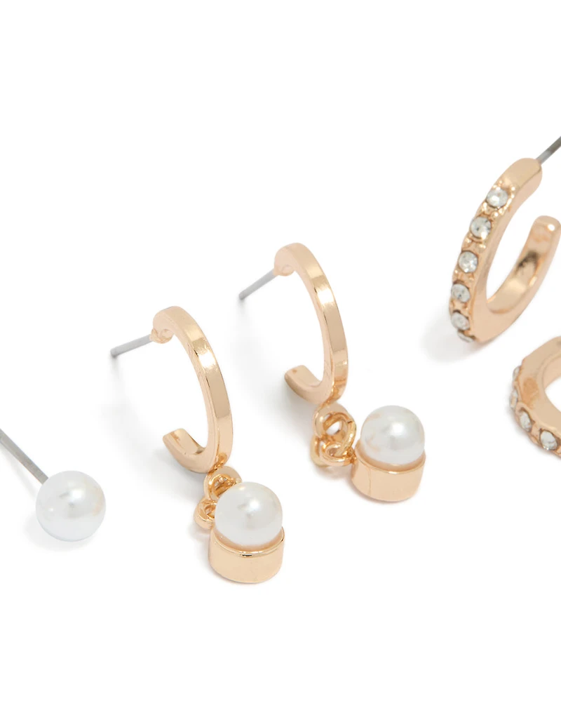 Gold Pearl & Diamante Huggie Earrings 3-Pack
