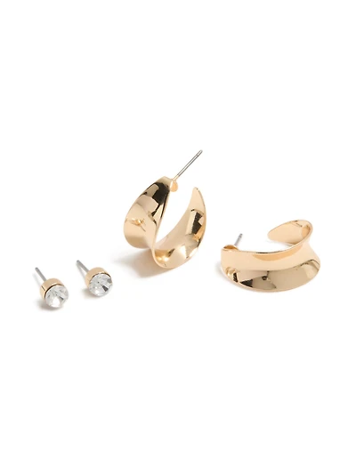 Gold Wide Hoop & Diamante Stud Earrings 2-Pack