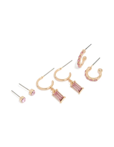 Gold Pink Diamante Hoop & Stud Earrings 3-Pack