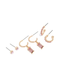 Gold Pink Diamante Hoop & Stud Earrings 3-Pack