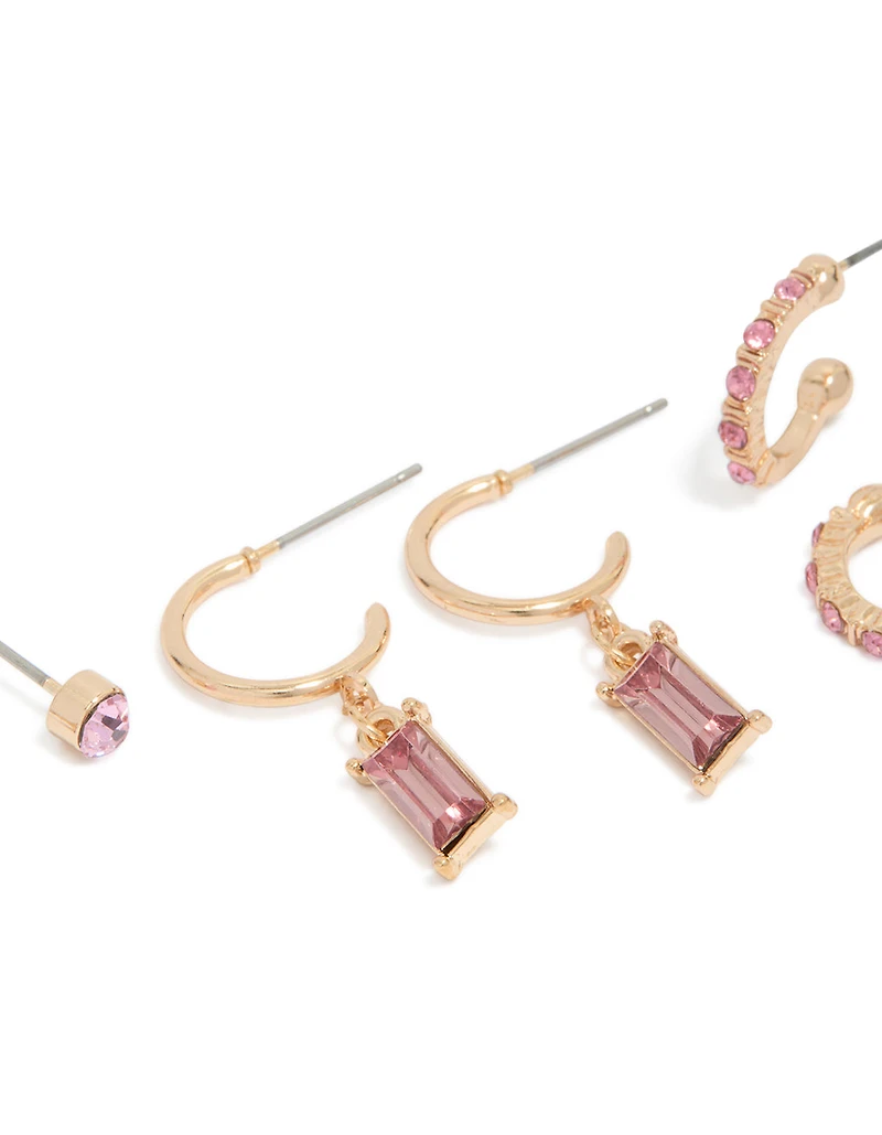 Gold Pink Diamante Hoop & Stud Earrings 3-Pack