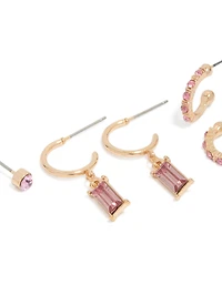 Gold Pink Diamante Hoop & Stud Earrings 3-Pack