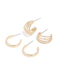 Gold Plain & Split Open Hoop Earrings 2-Pack