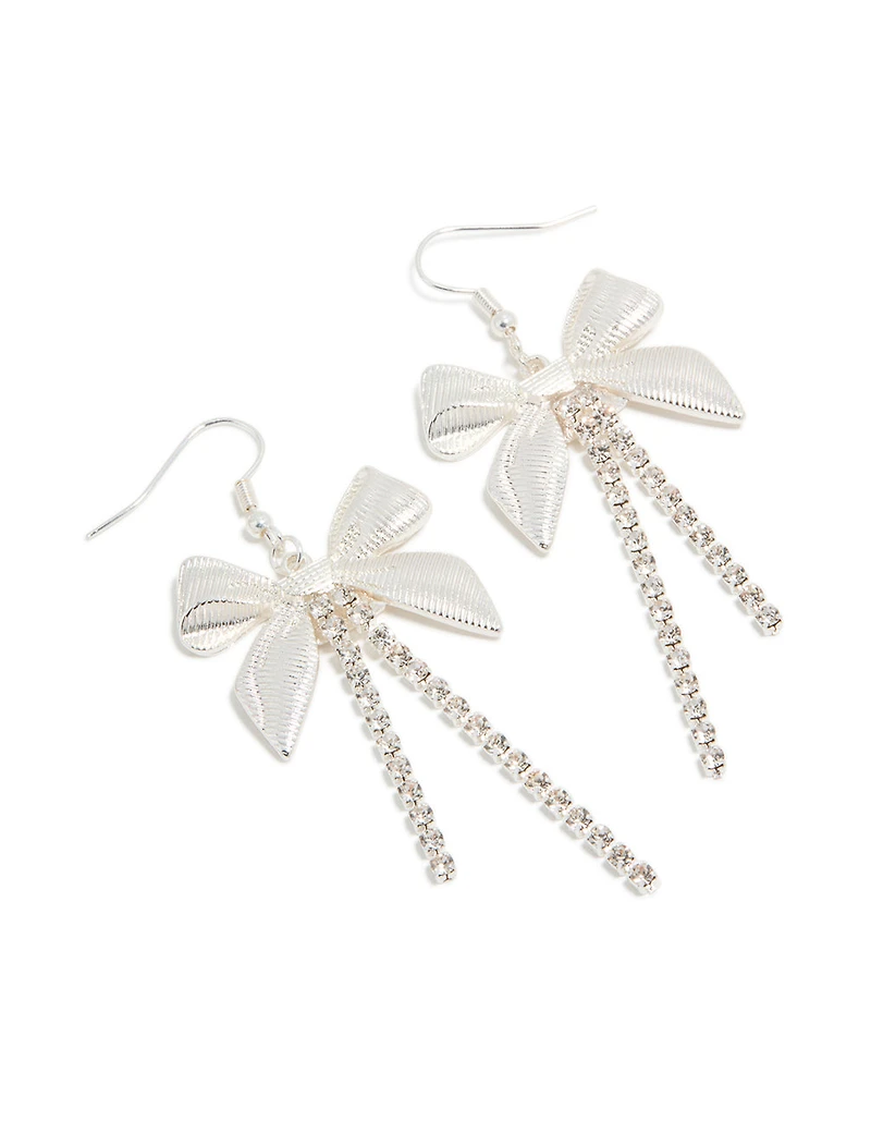 Silver Ribbed Bow Cupchain Drop Earrings
