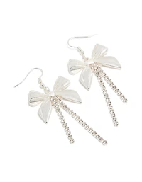 Silver Ribbed Bow Cupchain Drop Earrings