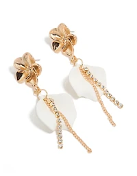 Gold Diamante Flower & White Flat Disc Drop Earrings