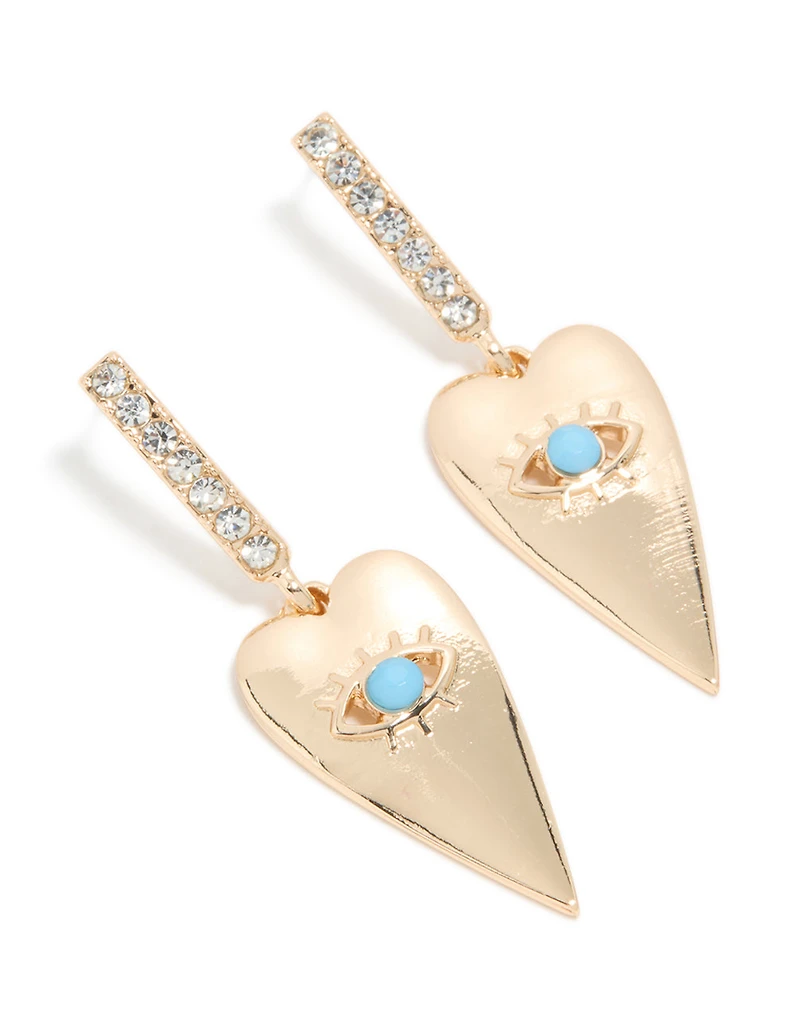 Gold Heart Blue Evil Eye Diamante Huggie Earrings