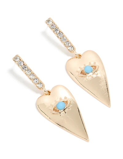 Gold Heart Blue Evil Eye Diamante Huggie Earrings
