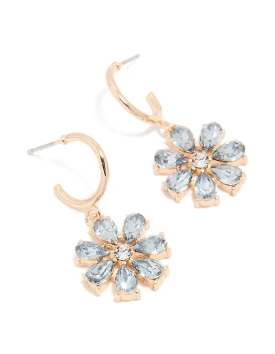 Gold Blue Diamante Flower Hoop Earrings