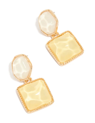 Gold Organic Yellow & Neutral Pool Effect Round & Square Drop Earrings