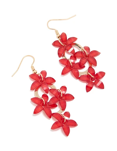 Gold Red Four Flower Drop Earrings