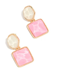 Gold Organic Pink Pool Effect Round & Square Drop Earrings