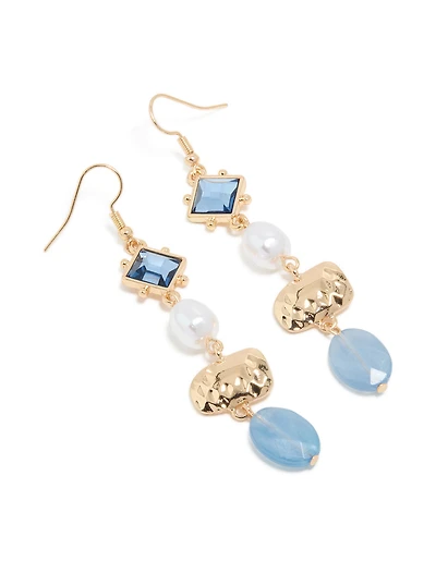 Gold Pearl & Blue Bead Organic Shape Drop Earrings